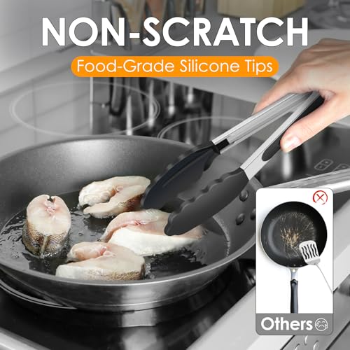 Image of HOTEC Stainless Steel Kitchen Tongs with Silicone Tips, Set of 2-7 inch and 9 inch