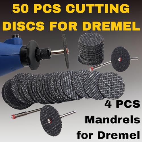 Drilax Rotary Tool Cutting Discs for Metal 50 Pcs Cut Off Wheels Double Fiberglass Reinforced Cut Off Tool Set with 4 Mandrels Compatible with Dremel Cutting Discs 426 426b