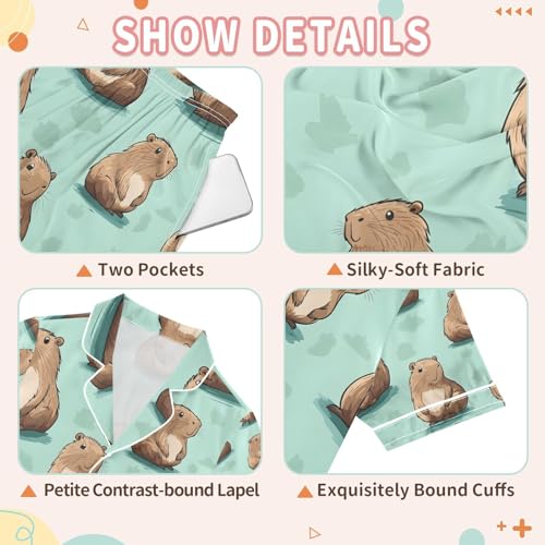 senya Cute Capybara Pattern 1 Satin Summer Pajama Sets Silk Short Sleeve Button Down Sleepwear3