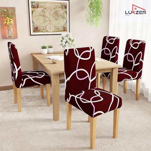 Image of Lukzer 1PC Red Swirl Stretchable Dining Chair Cover | Universal Fit Removable Washable Slipcover | 140 GSM Polyester + Spandex | Elastic Protective Cover for Home & Hotel Chairs Seat Slipcover