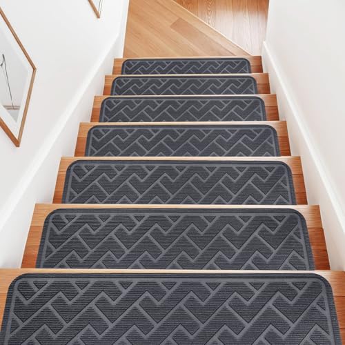 15 Pack 8 'X 30' Non Slip Stair Treads for Wooden Steps, Carpet Stair Treads Made of Polyester and Reusable Adhesive, Stair Runner Rugs for Kids, Elders and Dogs Pets (Gray)