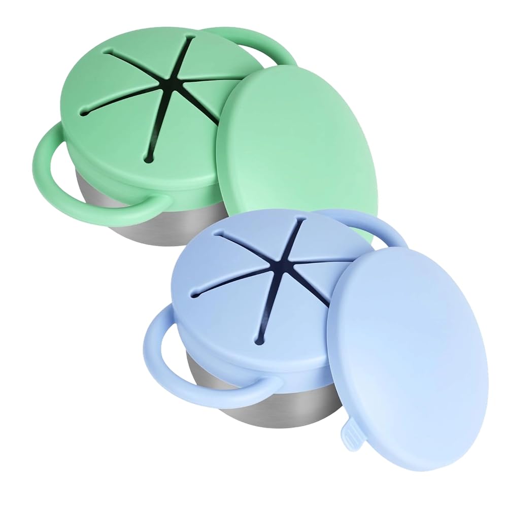 CTRLZS For Toddlers Spill-Proof Snack Cups 2-Pack-Detachable Stainless Steel Design with Silicone Lids& Handles