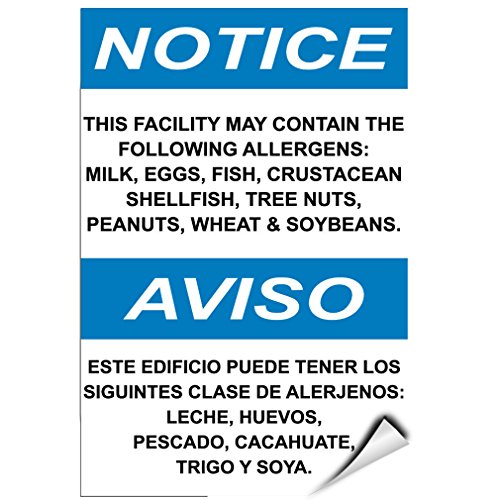 Notice Contain Following Allergens: Milk Eggs Fish Nuts SOYA Label Decal Sticker 9 inches x 12 inches