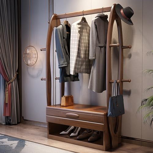 シューラックキャビネット、引き出し付き玄関ベンチ、クローゼット用オットマン、収納付き玄関ドア、玄関棚オーガナイザー、サイドフック付き無垢材コートラック、オプション(ブラック)(ウォールナット)