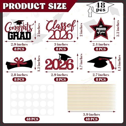 Image of 48 PCS Graduation Cupcake Toppers 2026, 6 Styles Grad Cake Topper, Congrats Graduation Decorations, Black and Burgundy Glittery Cap and Diploma Cake Picks for Grad Party Decor Supplies