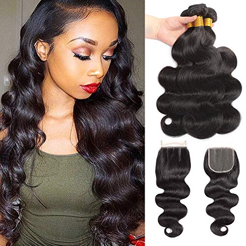 Wicky Grade 9A Brazilian Body Wave Bundles With Closure (16 18 20+16,Three Part) 100% Unprocessed Brazilian Hair Bundles With Closure Nature Black