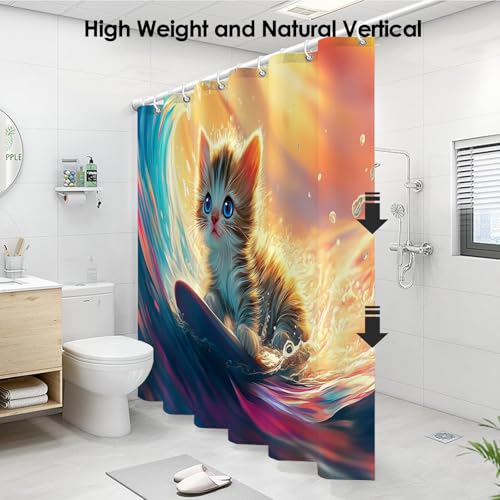 Rideau de douche vagues et chaton mignon en polyester imperméable 180x200cm