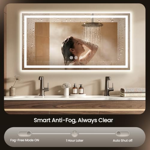 Image of 60x36 LED Bathroom Mirror with Anti-Fog, Backlit & Front Lit, Memory | Stepless Dimmable 3 Color CRI 95+ Shatterproof Tempered Glass ETL Listed for Safety Lighted Bathroom Vanity Mirror for Wall