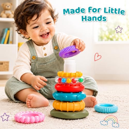 Image of Intellibaby Multi-Sensory Ring Stacker for Babies 6+ Months, 8 Colourful Textured Rings, Easy Grip Stacking Toy, Sensory Play, Fine Motor Skills, Colour Recognition, BIS Certified, Ideal Gift