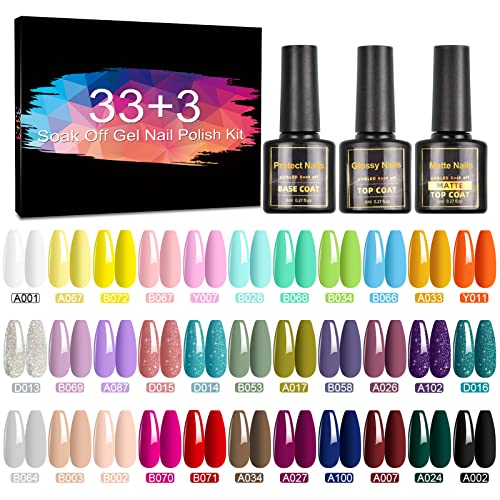 SINZONeu Vernis Semi Permanent, 36 Vernis Manucure Nail Art Lot Vernis à Ongles Vernis Gel UV LED Nail Polish 33 ouleurs Populaire Avec Base et Top Coat, Matt Top Coat, 8ml