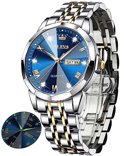 OLEVS Uhr Herren Luxus Diamant Edelstahl Wasserdicht Analog Datumsanzeige Business Original Blau Armbanduhr Herren