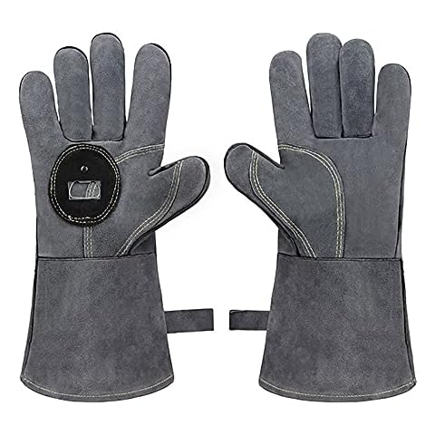 ALYHYB BBQ Grill Gloves, Leather Forge Welding Gloves, 500 Degree High Temperature Resistant Mitten, for Fireplace, Baking, Furnace, Stove, Pot Holder, Open Beer Cover