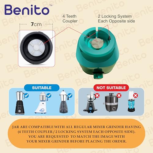 Image of Benito Nova Transparent Polycarbonate Juicer Jar (1.5L) for Mixer Grinder - Compatible with 4-Teeth Coupler & Dual Locking System.