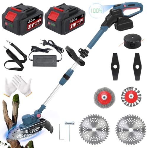 Cordless Strimmer for Makita Battery 750W Garden Strimmer Cordless with 2 x 4.0Ah 21V Batteries and Charger 5-in-1 Brushless Electric Grass Trimmer with Weed Brush and Blades(blue)