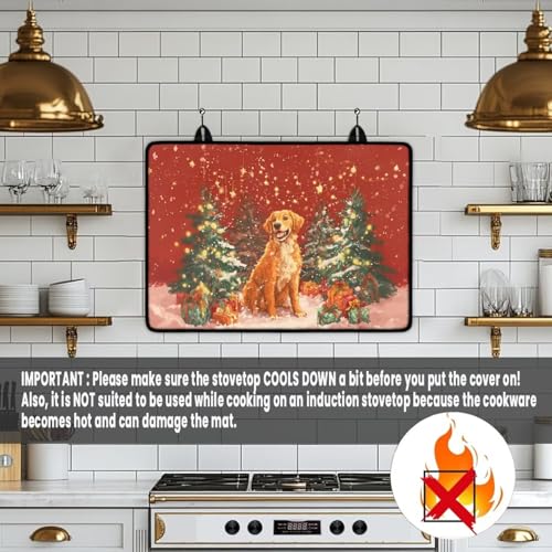 Image of Christmas Tree Dog Stove Top Cover for Electric Insulation Rubber Countertop Pad with Two Hooks Extra Large Counter Silicone Mat with Two Hook Easy to Clean Christmas Decor