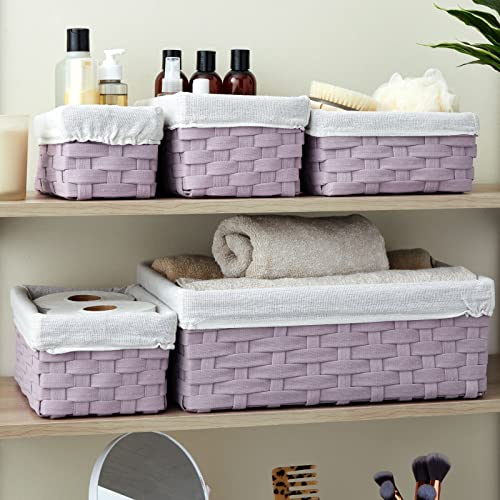 5 Piece Set Woven Nesting Storage Baskets, Decorative Wicker Bins For Organizing, Lavender (3 Sizes) #TOP3