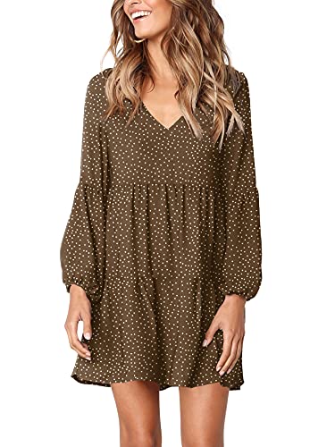 Amoretu Women's Long Sleeve Casual V Neck Polka Dot Swing Tunic Dress, Summer, Fall, 2025 (Coffee, S)