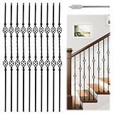 Muzata 10pack 44'' Wrought Iron Balusters for Staircase Interior Exterior Deck Black Double Basket Twist Hollow Metal Spiral Balusters Spindles Decorative Stair Parts, WT05