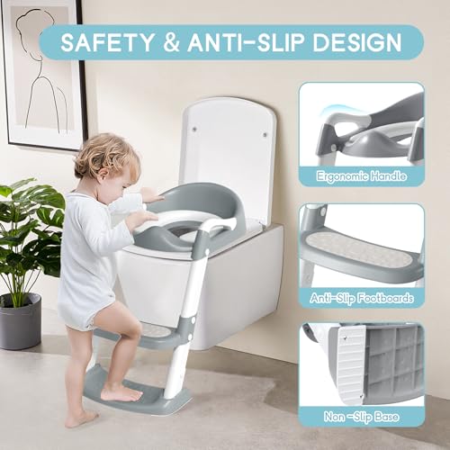 COOSEYA Toilettensitz Kinder, Toilettensitze für Jungen Mädchen, Kinder Toilettensitz mit Treppe,WC Sitz Kind Zusammenklappbar Rutschfest Spritzschutz Weiche Polsterung Sicherheitsgriffe (Grau)
