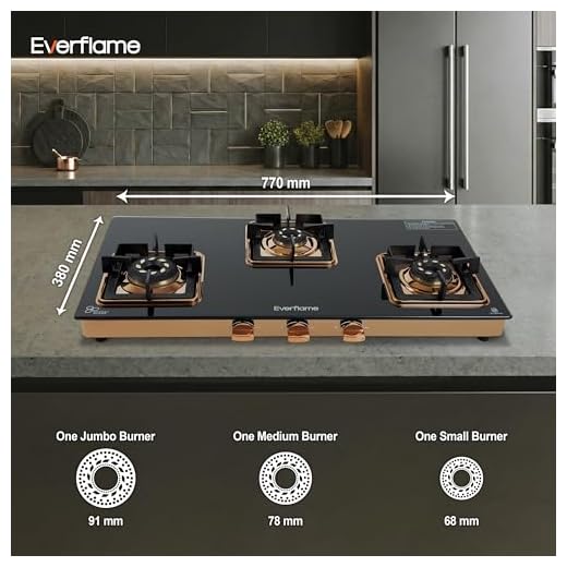 Everflame Aurum 3 Burner Gas Stove | ISI Certified | Manual Ignition LPG Gas Stove | 5G Brass Burner | 5 Years Warranty on (Glass & Burners) + 2 Years Comprehensive Warranty + Doorstep Service