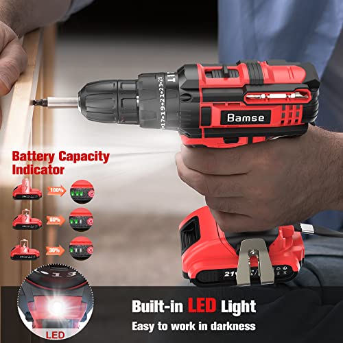 Cordless Drill Driver Set 21V, Bamse Power Drill Kit with 2.0AH Battery, Hammer Drill with 372 In-lbs Max, 25+3 Position, 2 Variable Speed, 3/8'' Keyless Chuck, Fast Charger and 23PCS Accessories - Thumbnail 7