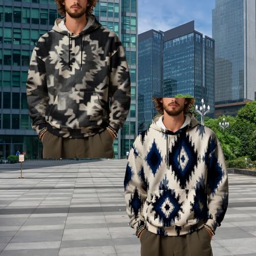 Mens Hoodies Western Aztec Print Ribbed Long Sleeve Pullover Sweatshirts with Drawstring Hoodie Kangaroo Pocket4