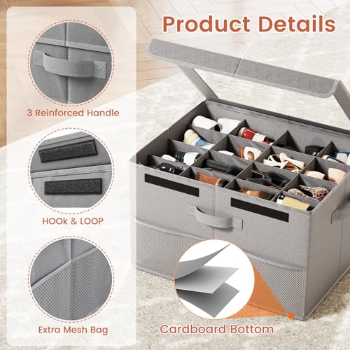 PHINOX Shoe Organizer for Closet, Fits up to 16 Pairs, Shoe Storage Bins with Clear Cover and Reinforced Handles, Foldable Shoe Storage Organizer, Space Saving Shoe Holder for Wardrobe, 2 Pack Grey by PHINOX - Image 3