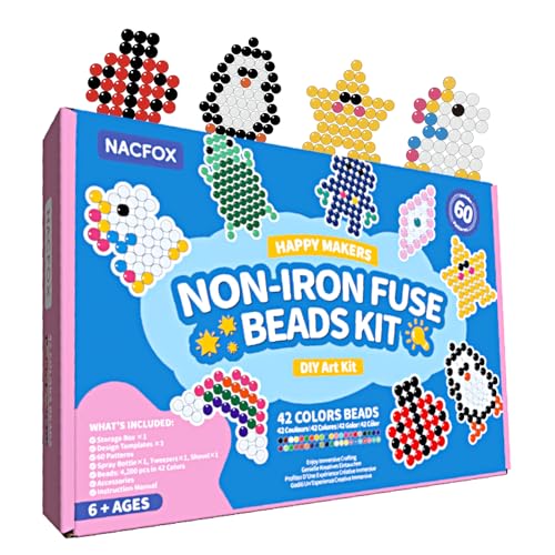 NACFOX 4200pcs Non Iron Fuse Beads Kit 5mm Beads in 42 Colors Glow in The Dark Transparent Complete Starter Craft Set