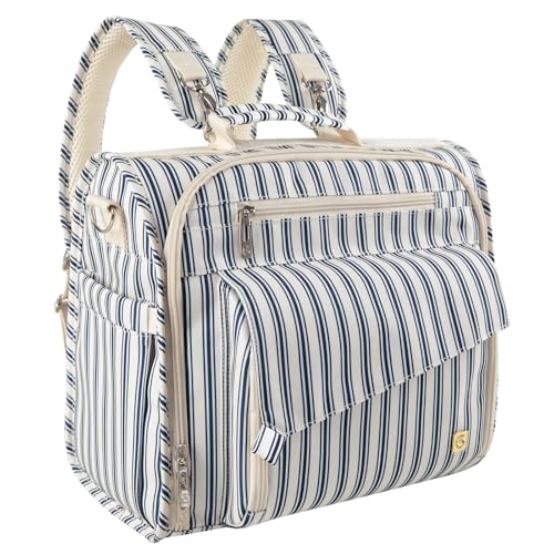 ALLCAMP Diaper Backpack, Waterproof Large Capacity Baby Bag, Multi-Function Nappy Bag with Stroller Hooks, Convertible Tote (Blue Stripe)
