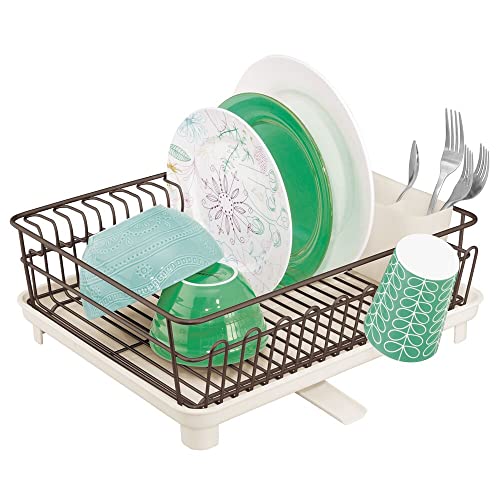 mDesign Metal Wire Kitchen Countertop, Sink Dish Drying Rack - Removable Plastic Cutlery Tray, Drainboard with Adjustable Swivel Spout - 3 Pieces - Bronze/Cream