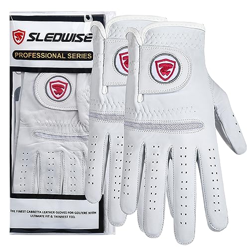 Sledwise Golf Gloves Men Right Handed Golfer 2 Pack - 100% Cabretta Leather, Mens Golf Glove, All Weather Grip