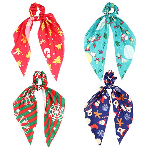 FRCOLOR 4 Pcs Hair Scrunchies Scarf,Satin Elastic Hair Ties Ponytail Holder Ribbon Bow Hair Ropes Scrunchy Hair Accessories for Christmas for Women Girls
