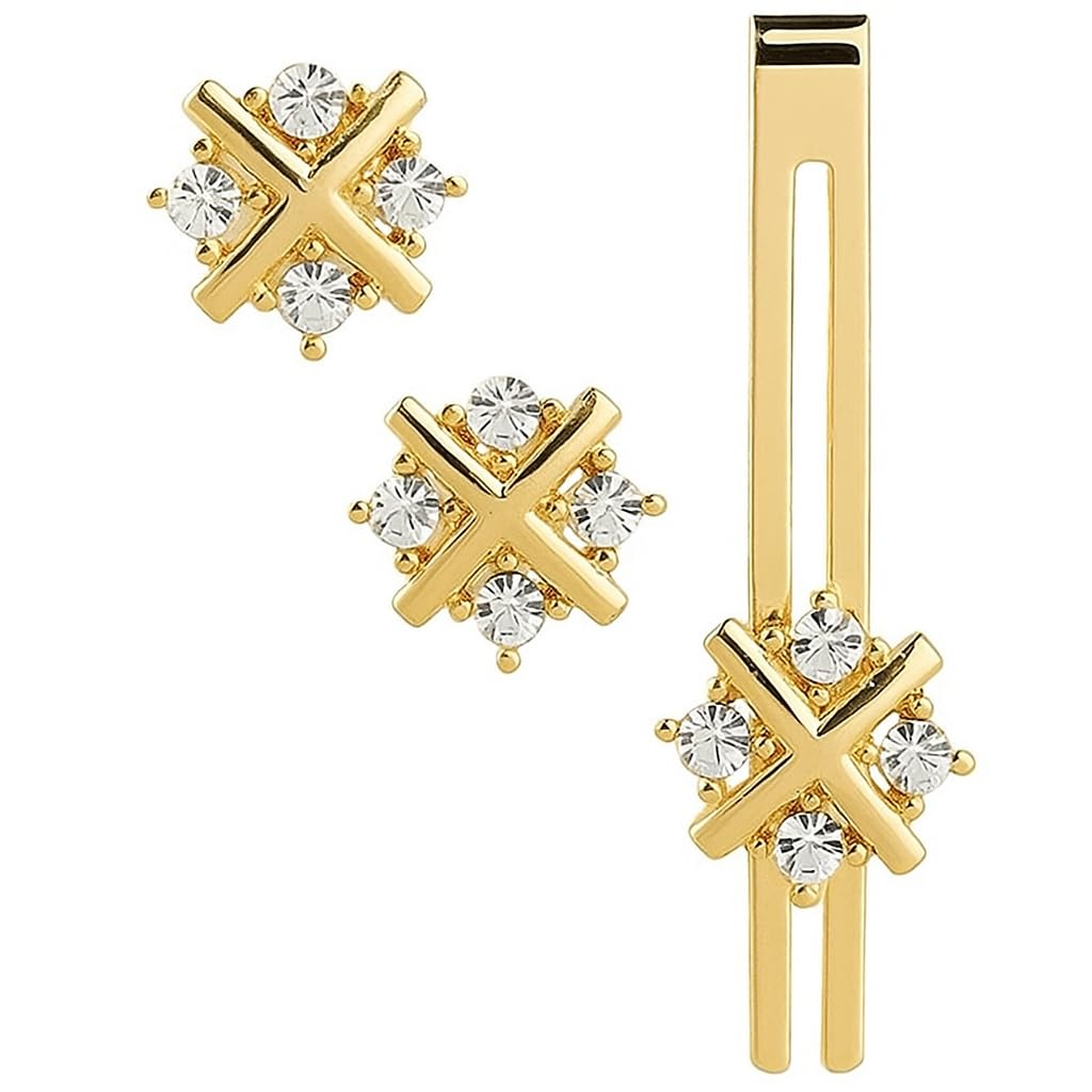 Men Gold Plated Brass Cufflink with Tie Pin Set | Diamond Design | Formal, Party & Wedding Accessory Combo | Cuff Links and Tie Clip Set for Men | Ideal Gift for Husband, Friend, Father