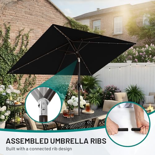 Image of AreShark 6.5' x 10' Rectangular Patio Umbrella with Solar Lights, Solar Powered Lighted Market Umbrella w /Tilt and Crank, Outdoor Table Umbrella for Garden, Deck, Backyard, Pool and Beach, Black