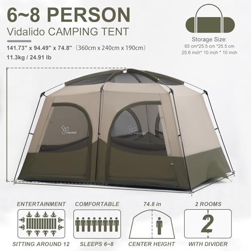 Image of Vidalido Tents，6-8 Person Camping Tent with Extended Vestibule，2 Room Weather Resistant Family Tents，Easy Install Waterproof Outdoor Tent for Backpacking and Camping Hiking