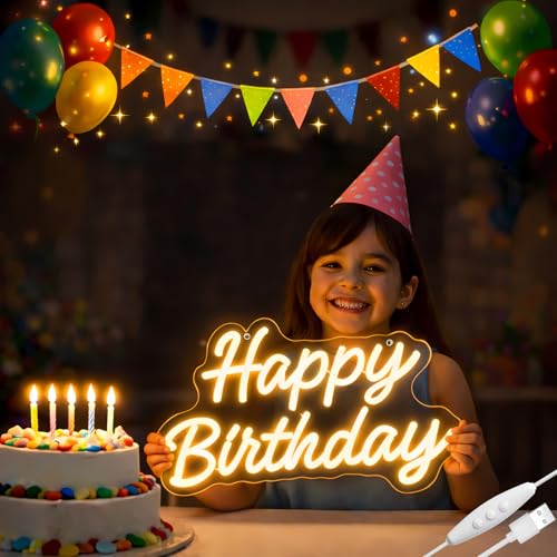 Image of Happy Birthday Neon Sign for Wall Decor - LED Happy Birthday Light Up Sign with Party Flags, USB Powered Dimmable Neon Word Light for Party Backdrop Cake Table, Warm White