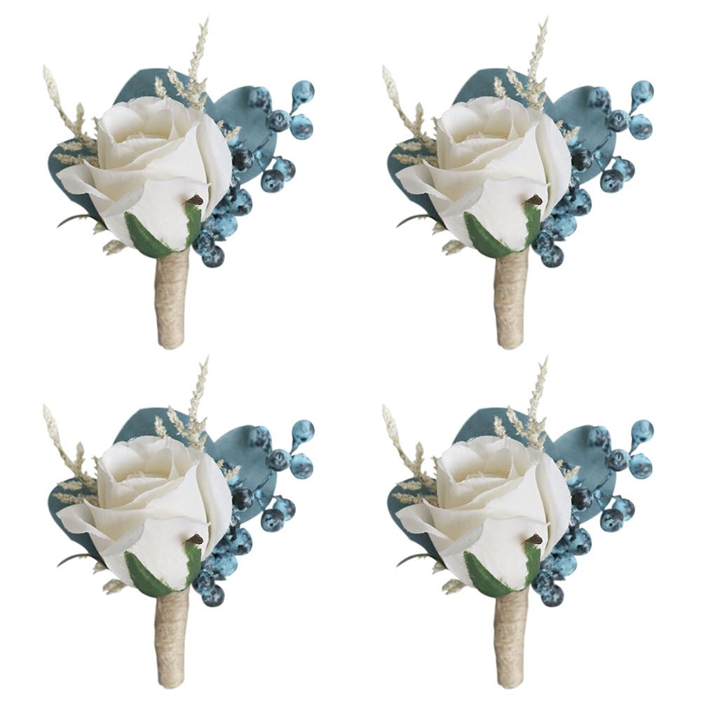 Huilimei 4PCS Peacock Blue Artificial Men's Rose Boutonniere,Bride and Groom Bridesmaid Corsage Wedding Ceremony,Anniversary,Dinner Dance Flowers Decor with Pin for Suit Dress - Image 2