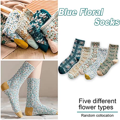 Image of 5 Pack Cute Womens Floral Socks, Vintage Embroidered Frilly Floral Ankle Cotton Cottagecore Socks