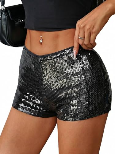 OLYCN Womens Y2K Sequin Micro Shorts Low Rise Bodycon Sparkly Mini Shorts Sexy Going Out Bottoms Rave Party Clubwear Black