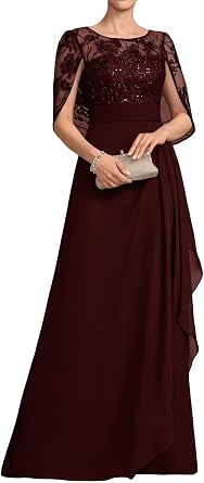 Chiffon Mother of The Bride Dress Long A-Line with Lace Cape Sleeve Mother of The Groom Dresses for Wedding