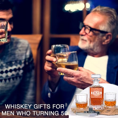 Image of PONPUR 50th Birthday Gifts For Men Dad, 1976 Laser Whiskey Decanter Set with Gift Box, Anniversary Birthday Gift Ideas for Him Husband, 50 Years Bday Decorations, Whiskey Glasses & Whisky Stones Inc.