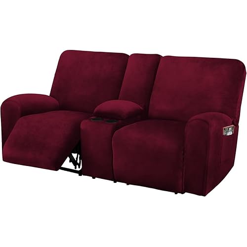 Reclining Love Seat with Middle Console Slipcover, 8-Piece Velvet Stretch Loveseat Reclining Sofa Covers, 2 seat Loveseat Recliner Cover, Thick, Soft, Washable, Loveseat Slipcovers (Burgundy - Wine)