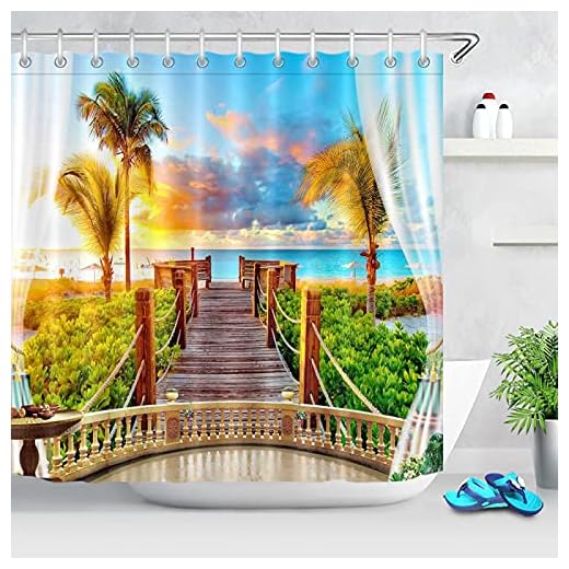 Sea Beach Scenery Pattern Duschdraperi Vattentätt tyg Palm Tree Green Plant Bath Screen Dusch Polyester Badrumsridå