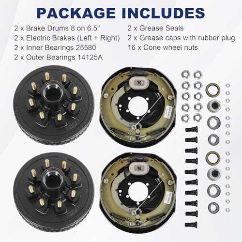 Trailer Hub Drum Kits 8 on 6.5\" B.C. with 12\" x 2\" Self-Adjusting Electric Brakes Assembly for 7K Axle 9/16\" Studs Complete Left + Right Set