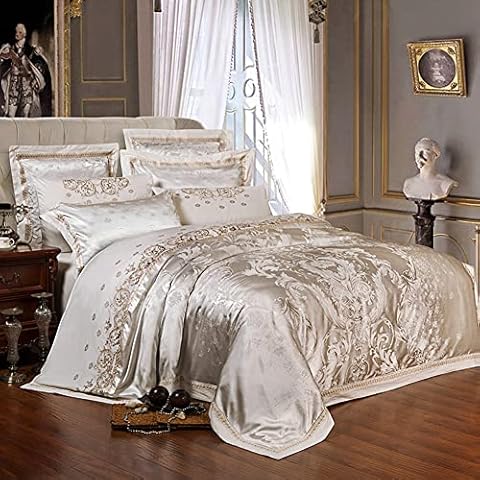 Zangge Bedding Luxury Satin Jacquard Embroidered 6pcs King Size Bedding Sets Include 1 Duvet Cover 1 Flat Sheet 4 Pillowcases Cover