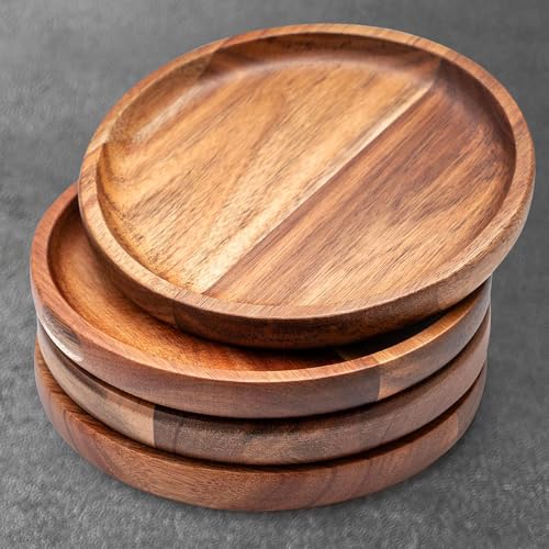 Kitchen Dinner Plates Set of 4, James.F 17CM Small Round Acacia Wooden Serving Tray and Plates for Coffee, Tea, Snacks, Deserts, Appetizer, Wood Candle Holder Tray Home Decor, Table Centerpieces