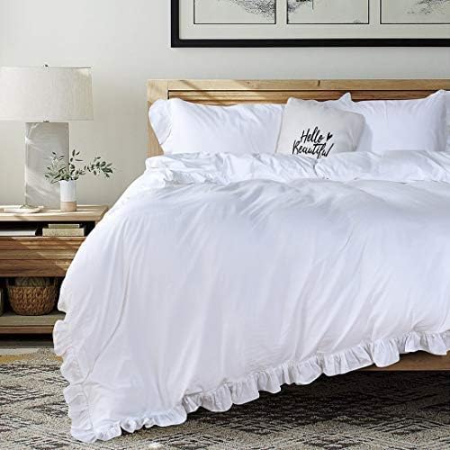 Image of Queen's House White Ruffle Twin Duvet Cover, Washed Cotton Shabby Boho Chic Farmhouse Bedding Comforter Cover 3 Pieces Kids Duvet Quilt Cover Twin Ultra Soft Aesthetic Cute Girls Teen Bedding