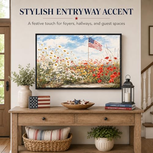 Image of American Flag Framed Canvas Wall Art, 4th of July Floral Canvas Prints, Wildflower Landscape Patriotic Decorations, Vintage Rustic Independence Day Wall Decor for Bedroom Living Room Office 8x10