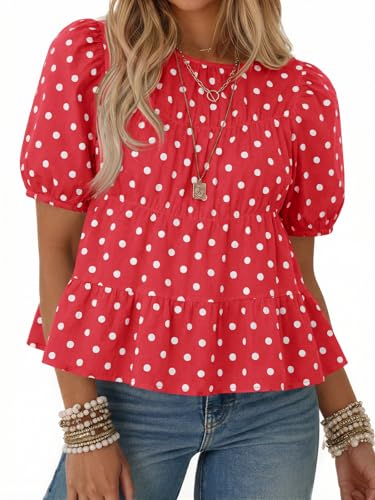 Image of Tankaneo Womens Puff Sleeve Peplum Babydoll Tops Summer Flowy Pleated Cotton T-Shirts Casual Loose Fit Cute Blouse