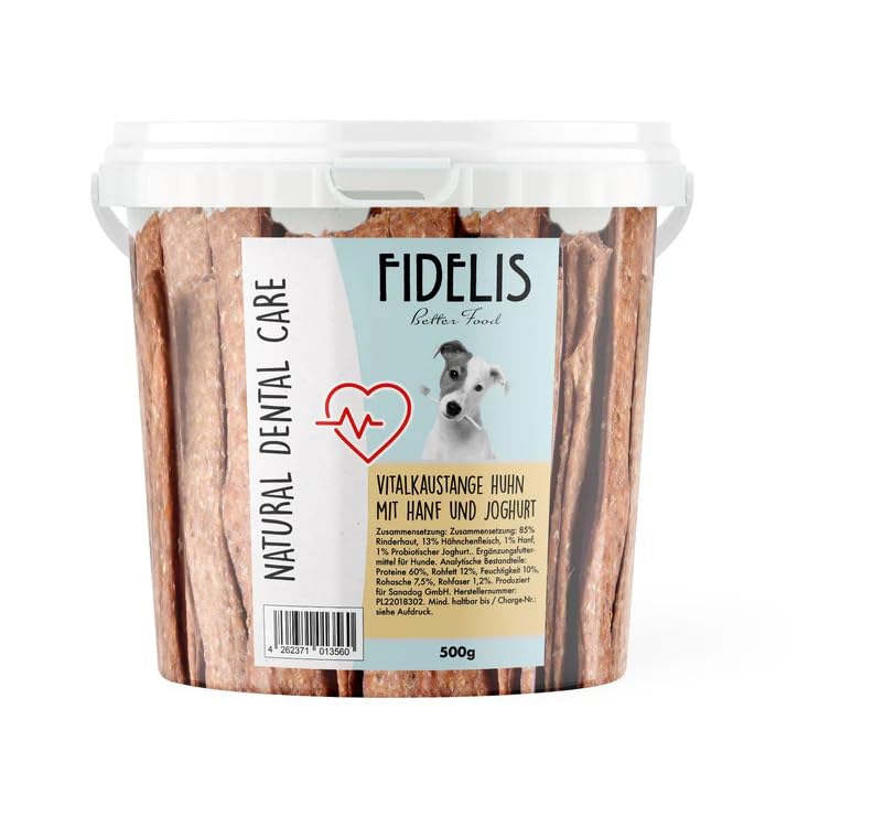 Fidelis - Vitalkaustange Huhn mit Hanf und Joghurt – funktionale Zahnpflege Snacks für Hunde 500g-Eimer – Luftgetrocknet aus 100% natürlichen Rohstoffen - Hunde Leckerli als Snack zur Zahnhygiene